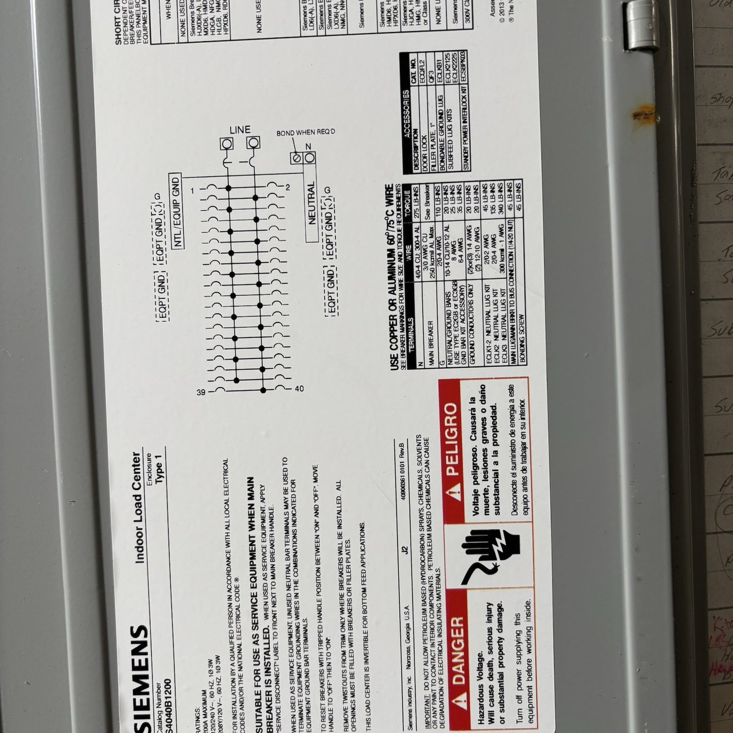 Siemens S4040B1200 ES Series 200A Main Breaker Load Center 120/240V
