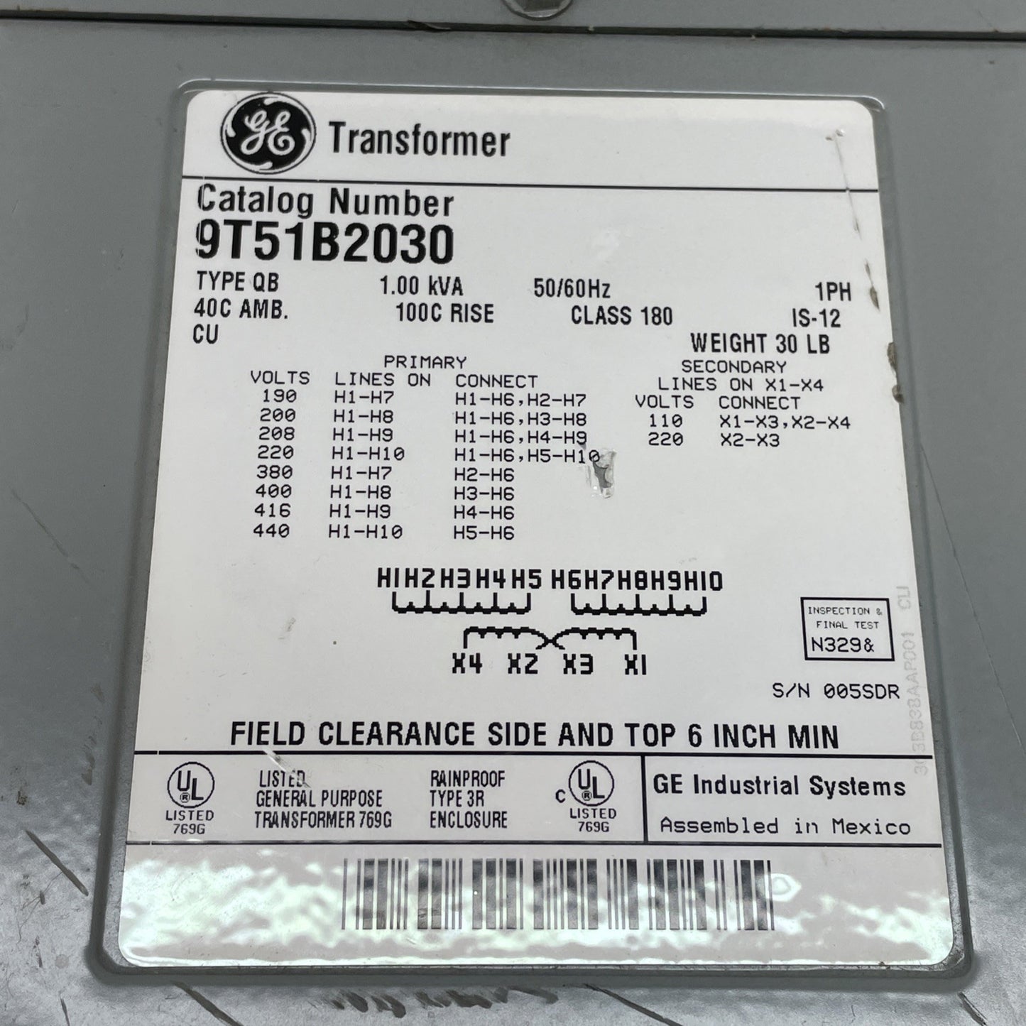 GE General Electric 9T51B2030 Type QB Multi-Tap Transformer 1.00 KVA Class 180