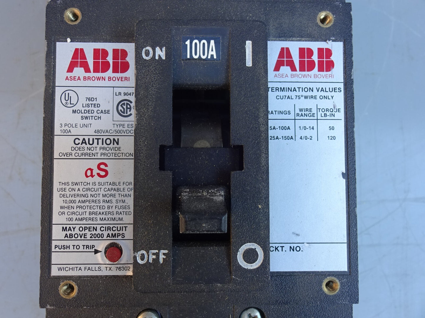 ABB ESB43100L / CIRCUIT BREAKER 100 AMP 100A 3 POLE 3P 480V