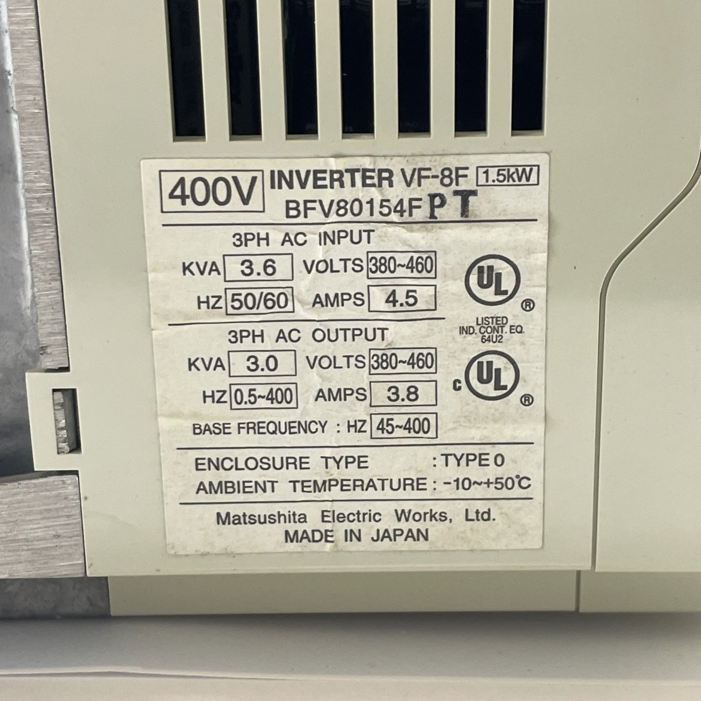 NAIS Matsushita VF-8F BFV80154FPT 1.5kW Inverter Drive 400V 3-Phase