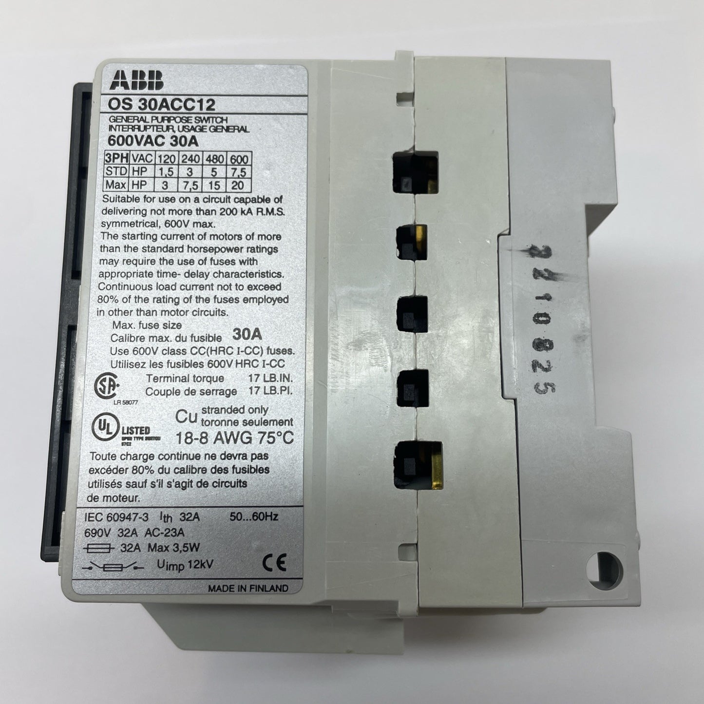 ABB 1SCA022548R9720 / OS30ACC12 30A 600V 3-Pole Fusible Disconnect Switch NEW