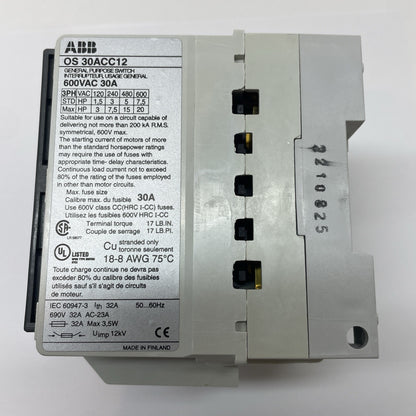 ABB 1SCA022548R9720 / OS30ACC12 30A 600V 3-Pole Fusible Disconnect Switch NEW