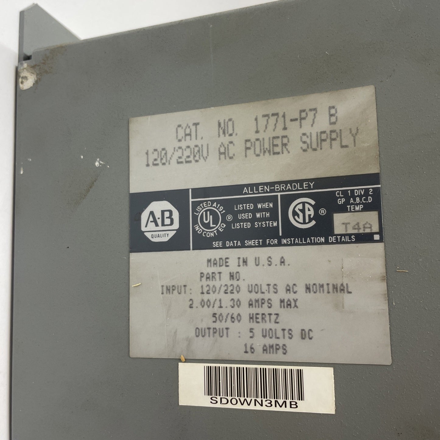 Allen-Bradley 1771-P7 B AC Power Supply Module 120/220V 16A for 1771 I/O Chassis