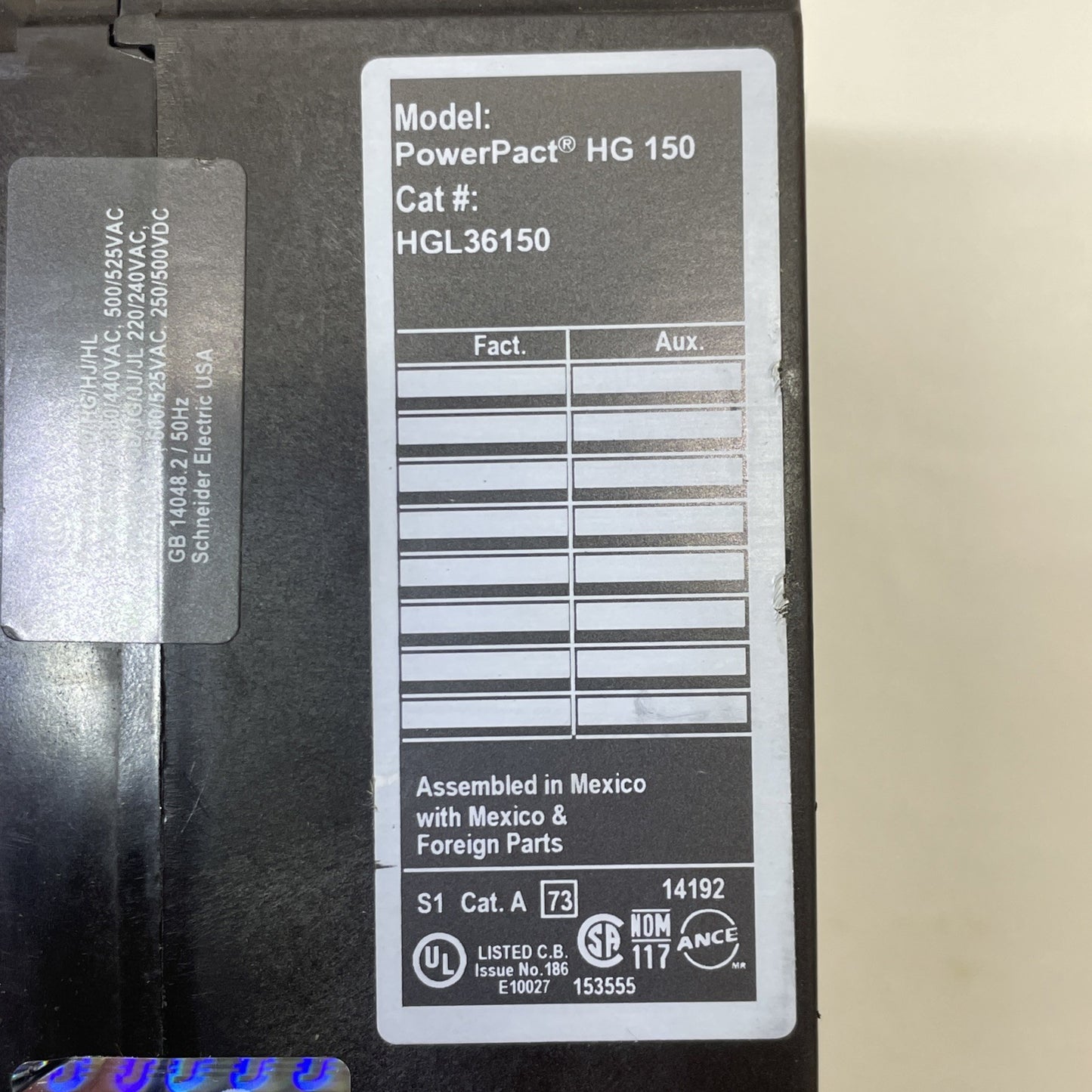 150 Amp Square D HGL36150 Circuit Breaker w/ MT100/160 E103955