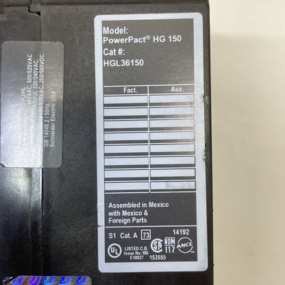 150 Amp Square D HGL36150 Circuit Breaker w/ MT100/160 E103955