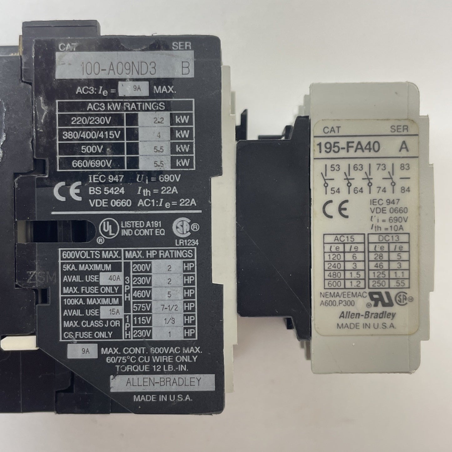 ALLEN BRADLEY 100-A09ND3 SER B CONTACTOR WITH 195-FA40 CONTACT BLOCK