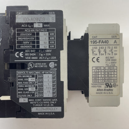 ALLEN BRADLEY 100-A09ND3 SER B CONTACTOR WITH 195-FA40 CONTACT BLOCK