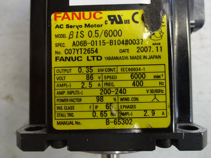 FANUC A06B-0115-B104#0037 / A06B-0115-B104 / AC SERVO MOTOR 200/240V 50/60HZ 3P