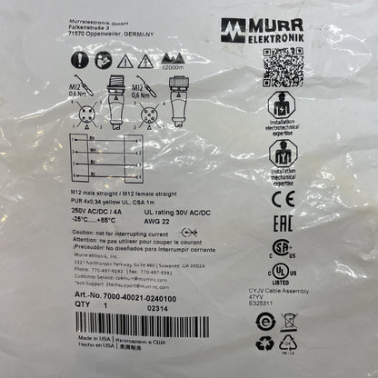 Murr Elektronik 7000-40021-0240100 M12 Male / Female Straight Cable Cordset
