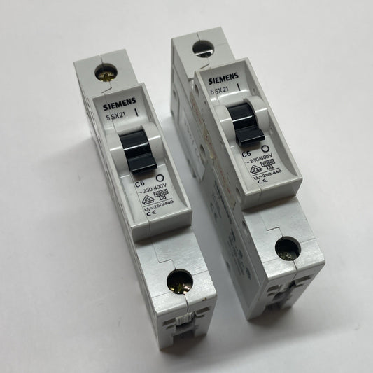 SIEMENS 5SX21-C6 CIRCUIT BREAKER 6A 230/400V 1 POLE C-CURVE (LOT OF 2)
