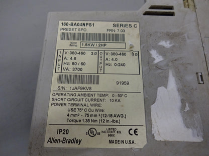 ALLEN BRADLEY 160-BA04NPS1 C SPEED CONTROL DRIVE 2HP / 2HP 1.5KW / PRESET SPEED