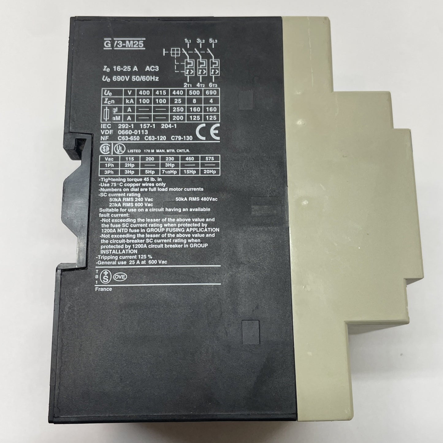 GV3-M25 Telemecanique Motor Starter 16-25A GV3 Manual Motor Protector w/ GV1-A01