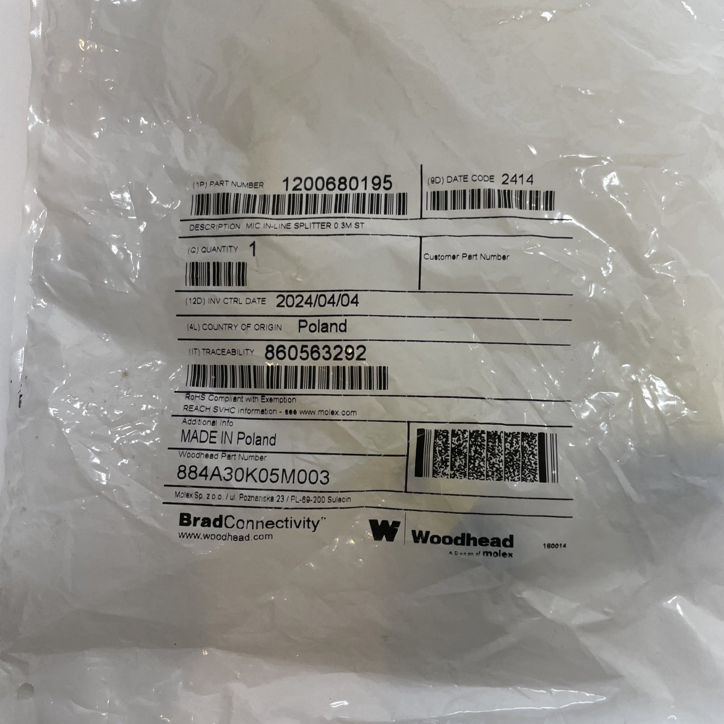 Brad Connectivity 1200680195 / 884A30K05M003 Micro Change In-Line Splitter