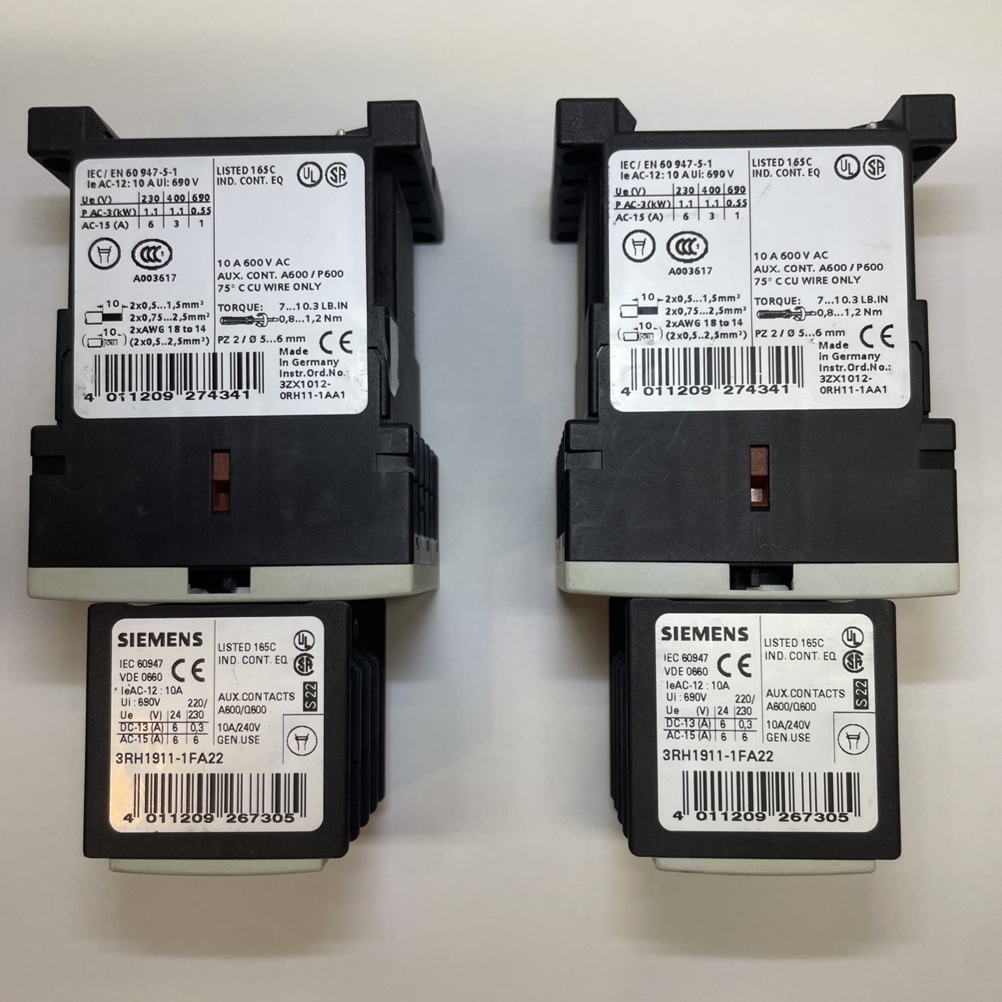 (LOT OF 2) Siemens 3ZX1012-0RH11-1AA1 Contactor with 3RH1911-1FA22 Contact