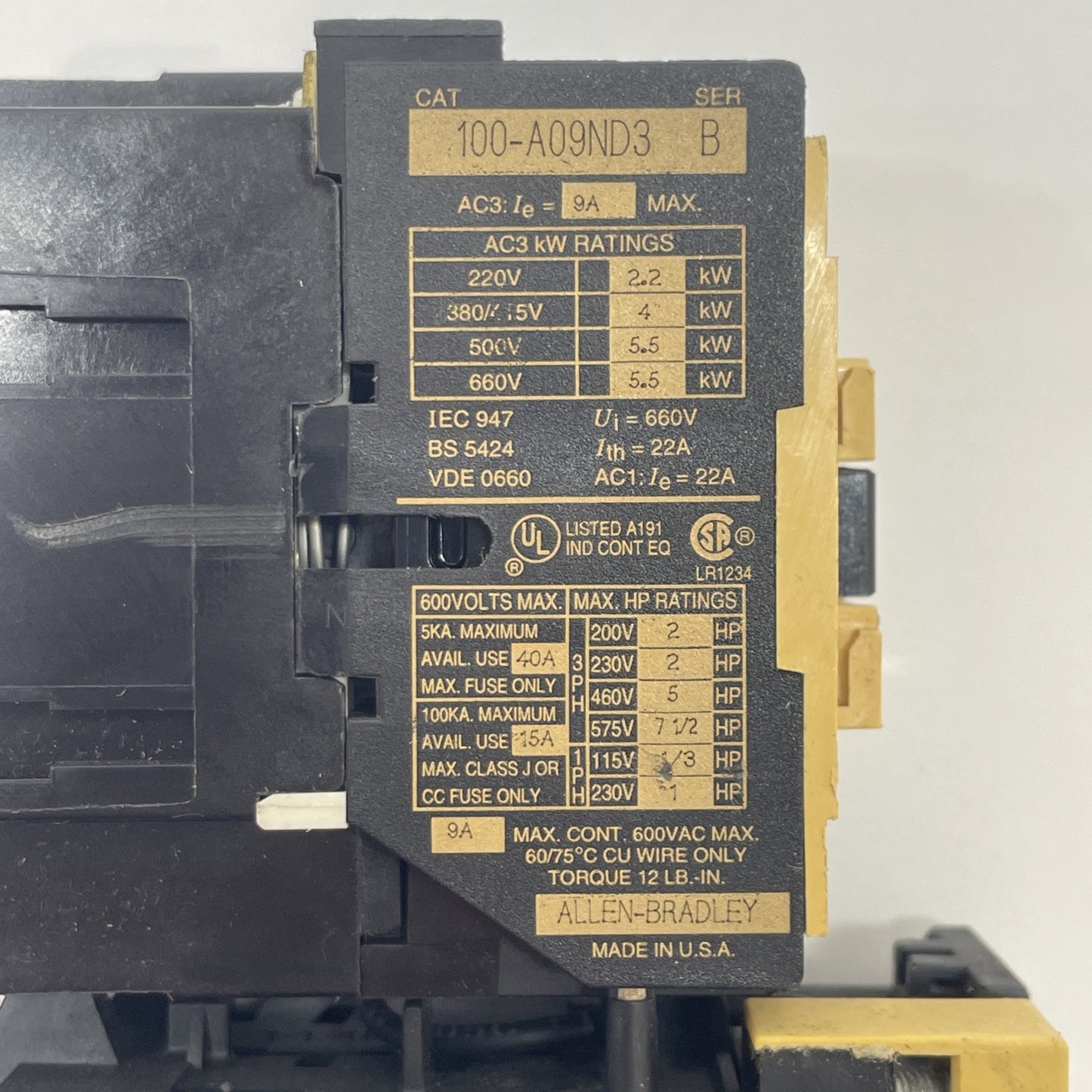 ALLEN BRADLEY 100-A09ND3 SER. B Contactor with 193-BSB 22 Overload Relay