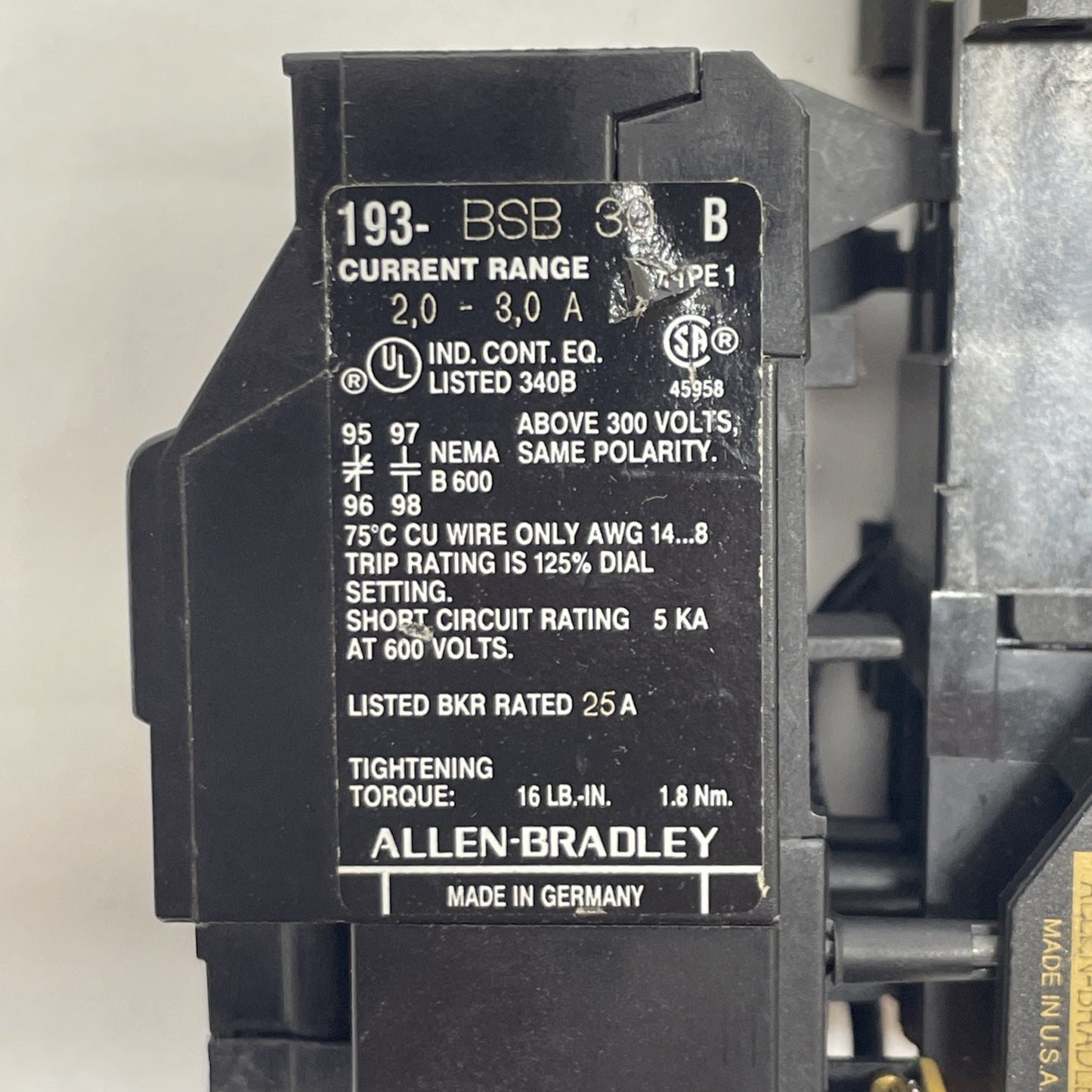 ALLEN BRADLEY 100-A09ND3 SER. B Contactor with 193-BSB 30 Overload Relay