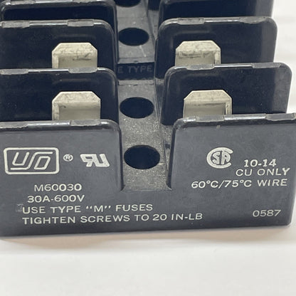 (LOT OF 5) Bussman M60030 Fuse Holder Block 30A 600V Type M Fuses 10-14 AWG Wire