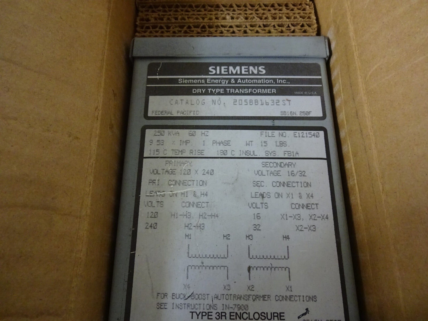 SIEMENS 205BB1632ST TRANSFORMER PRIM 120/240 SEC 16/32 60HZ 1 PH 0.250KVA / NEW