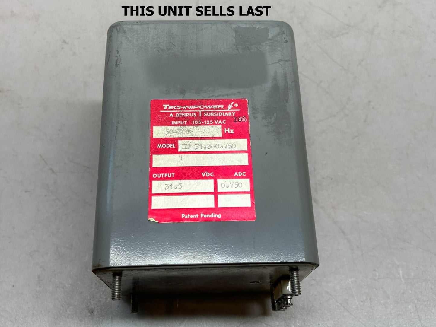 TECHNIPOWER NP-31.5-0.750D / INPUT 105-125VAC / POWER SUPPLY 400HZ / 31.5 VDC OP