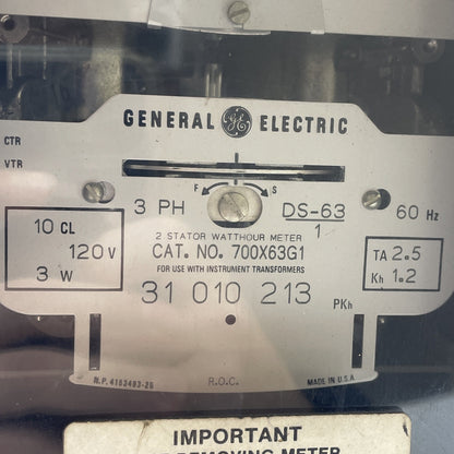 GE 700X63G1  / 2 STATOR WATTHOUR METER / 120V 60HZ / 3 PHASE / DS-63