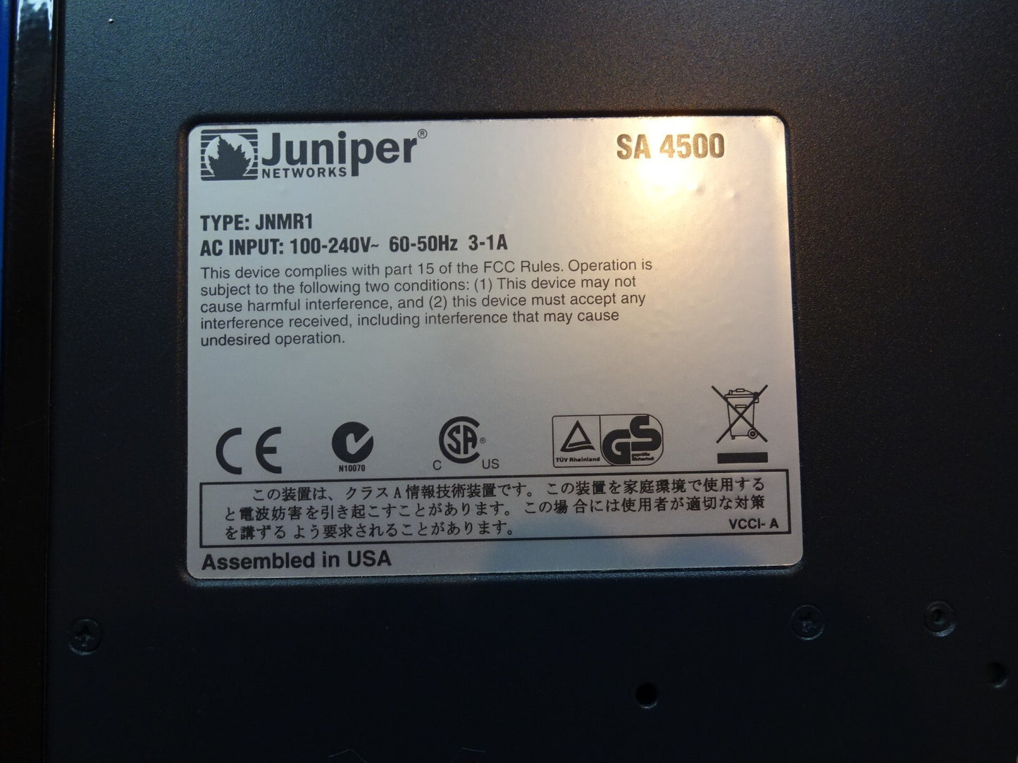 JUNIPER NETWORKS SA4500 SSL VPN APPLIANCE JNMR1 AC IP 100-240V 60-50HZ 3-1A NEW