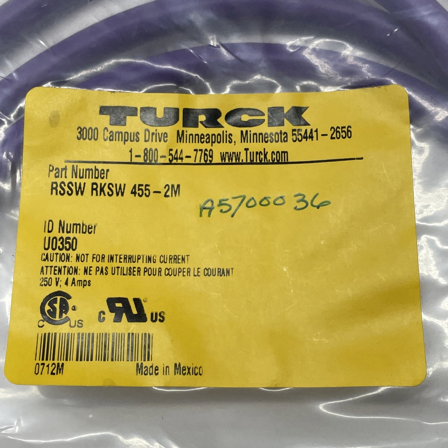 TURCK RSSW RKSW 455-2M / U0350 PROFIBUS-DP Cable M12 Male B-Code 2m (NEW)