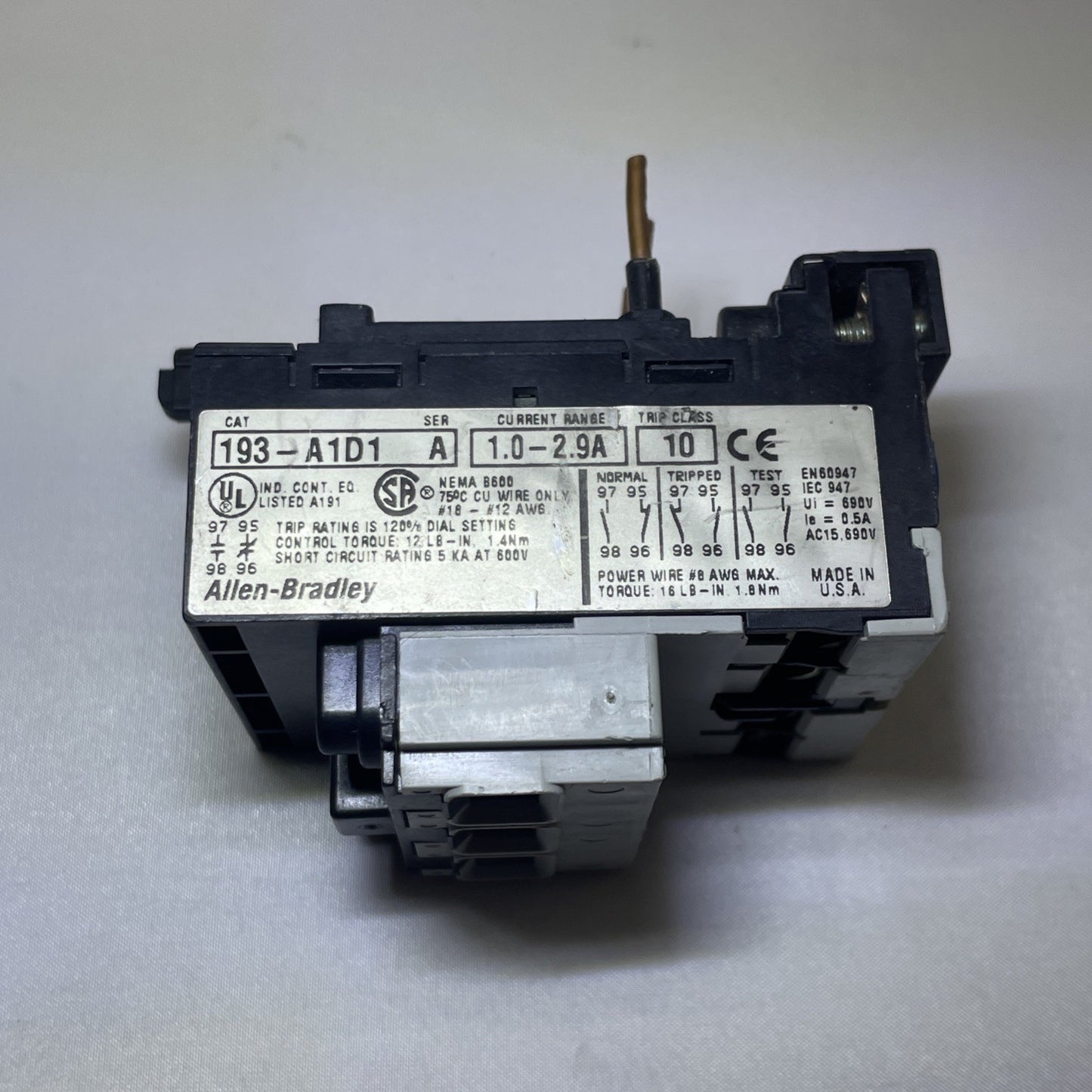 Allen Bradley 193-A1D1 Ser. A 1 - 2.9 Amp Overload Relay