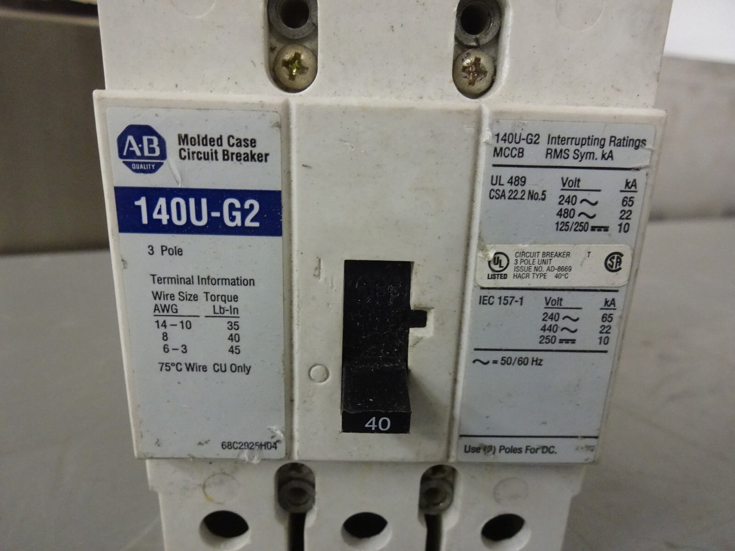 ALLEN BRADLEY 140U-G2 / CIRCUIT BREAKER 68C2925H04 / 3 POLE 240/480VAC 40A