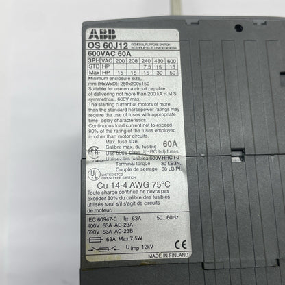 ABB OS60J12 60A 600VAC 3-Pole Fusible Disconnect Switch
