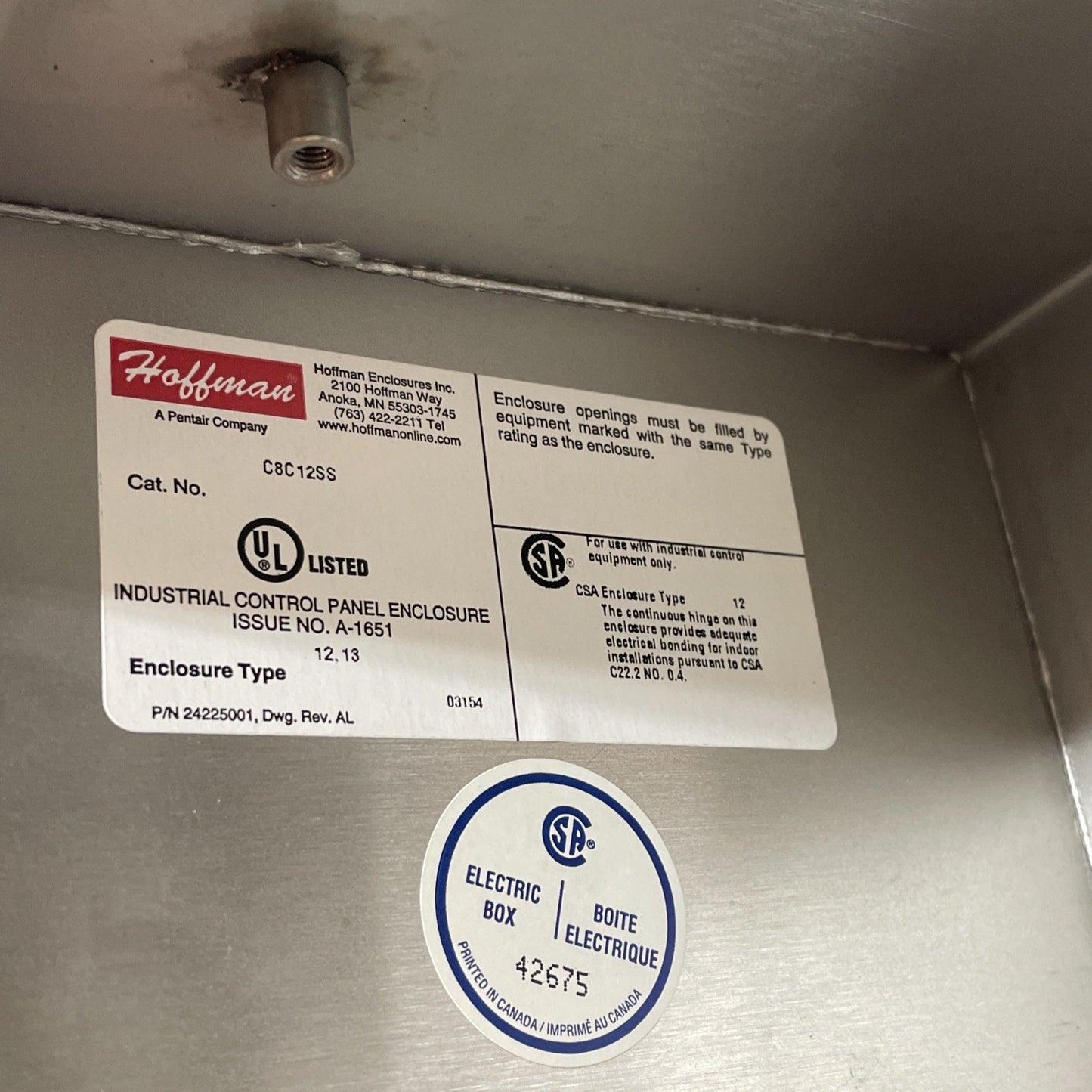 Hoffman C8C12SS Stainless Steel Consolet Enclosure 8x12x7.09 Type12