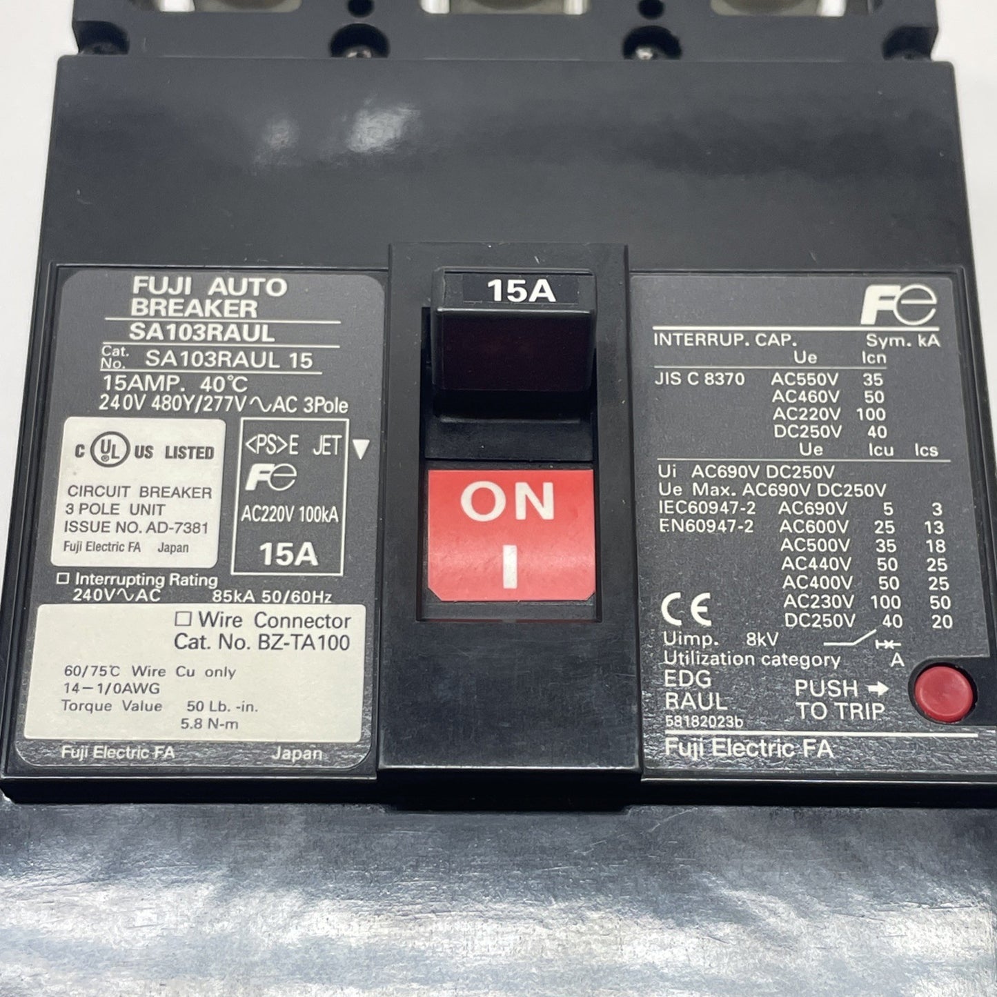 Fuji Electric SA103RAUL 15 3-Pole Molded Case Circuit Breaker 15A 240V