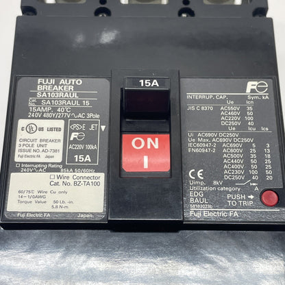 Fuji Electric SA103RAUL 15 3-Pole Molded Case Circuit Breaker 15A 240V