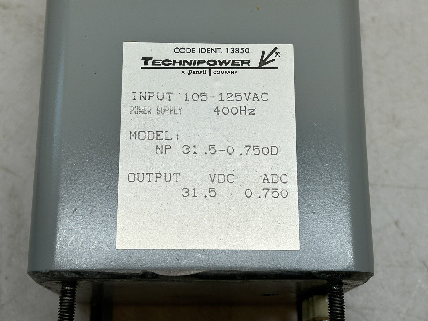 TECHNIPOWER NP-31.5-0.750D / INPUT 105-125VAC / POWER SUPPLY 400HZ / 31.5 VDC OP