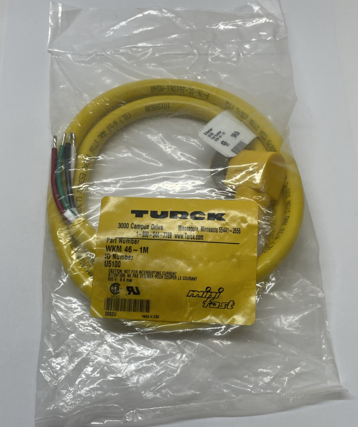 Turck WKM 46-1M Single-Ended Cordset 4-Pin 7/8″ Right-Angle Female U5100 (NEW)