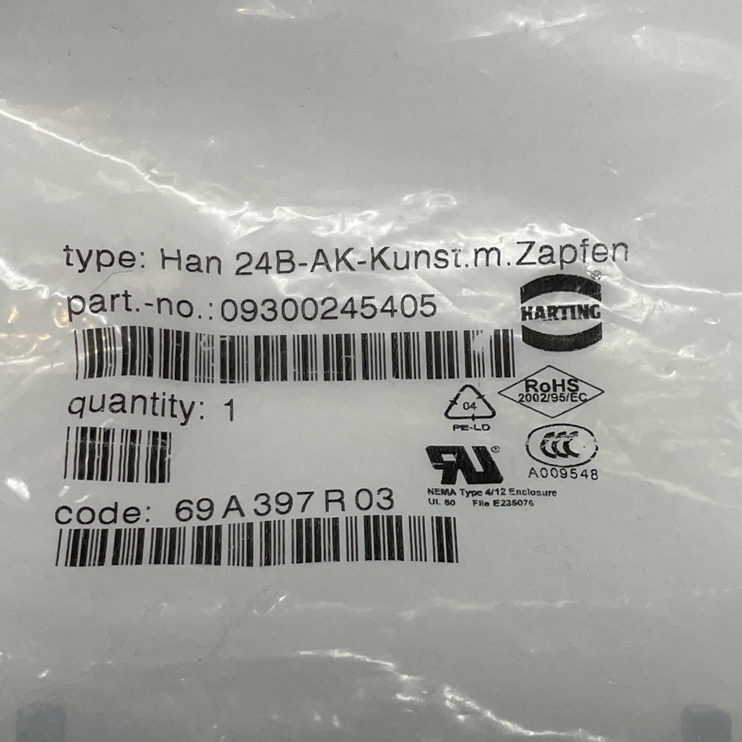 1PC Harting 09300245405, Protective Cap, Size 24B, (New)