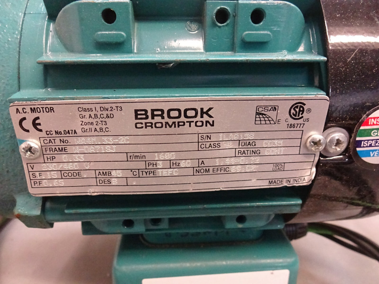 BROOK CROMPTON WA4M.33-2C / AC MOTOR W-DA71SJ FRAME / 0.33HP 3PH 230/460V 60HZ