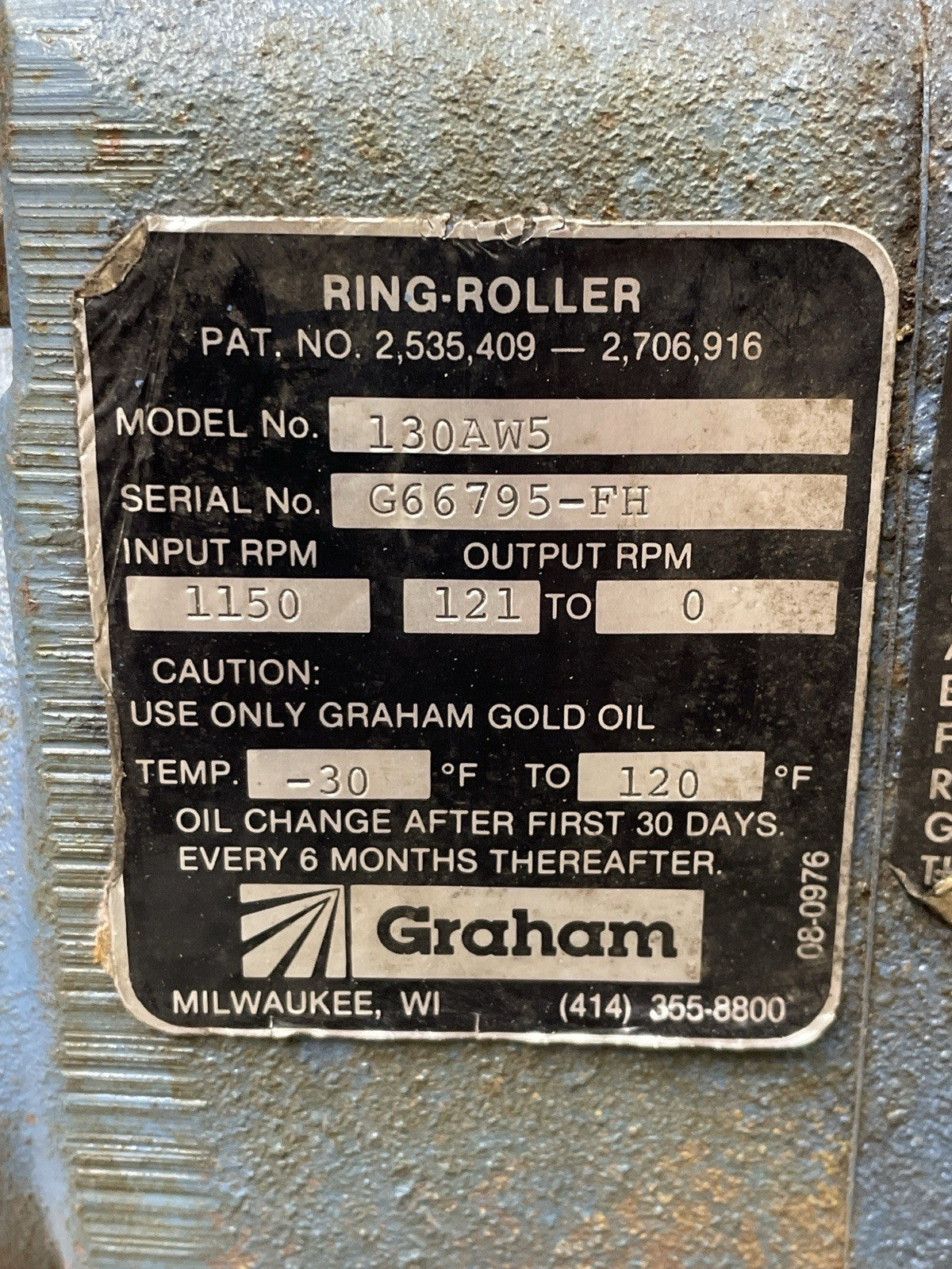 Graham 130AW5 Ring-Roller Traction Drive Adjustable Speed Reducer