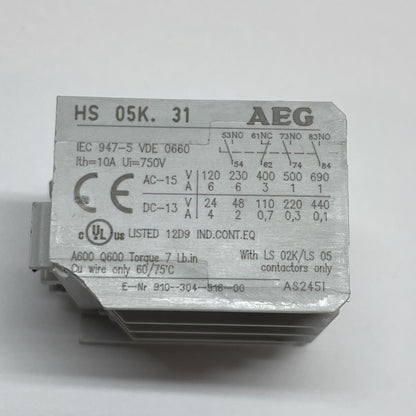 AEG HS 05K.31 Auxilliary Contact Block, 10A, 750V,  IEC 947-5 VDE 0660