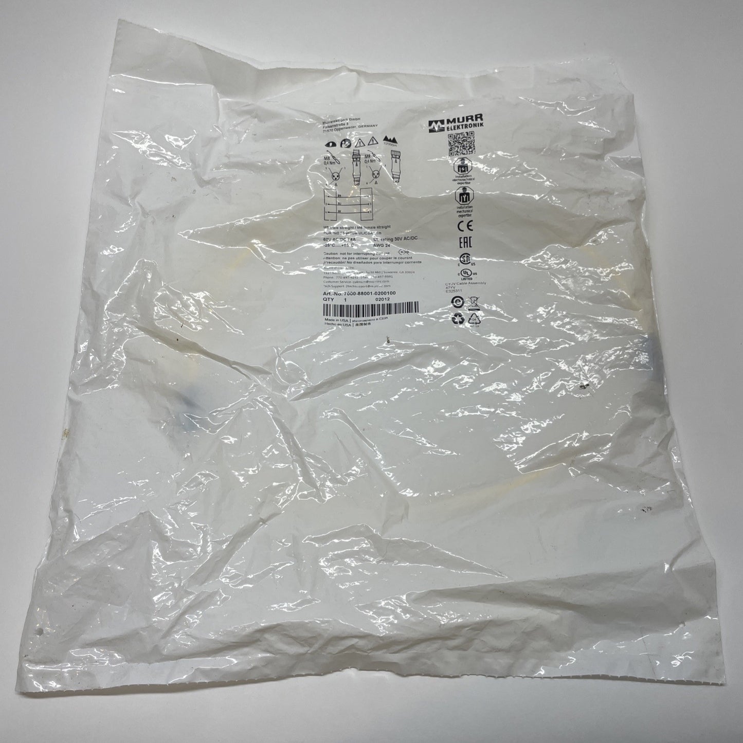 MURR ELEKTRONIK 7000-88001-0200100 M8 Male to M8 Female Straight 3-Pole Cable 1M