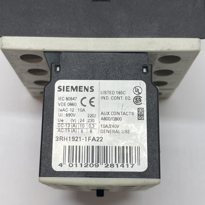 Siemens Sirius 3RT1325-1B, Motor Contactor w/ 3RH1921-1FA22 Contactor