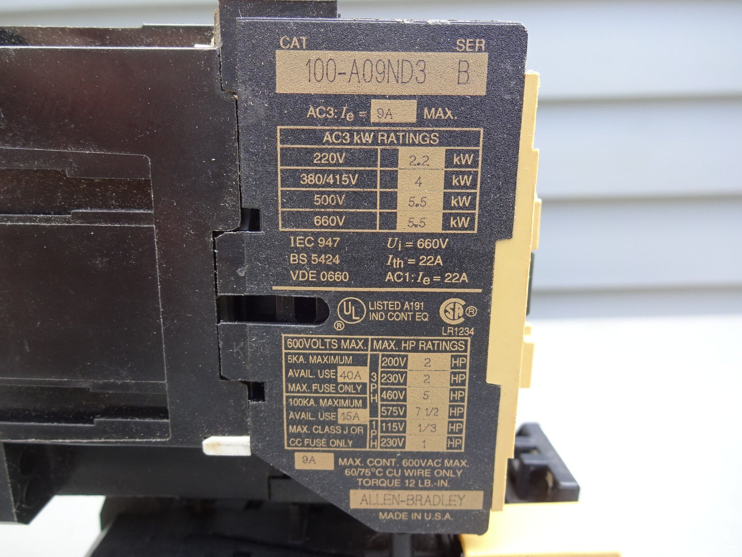 AB ALLEN BRADLEY 193-BSB 22 OVERLOAD RELAY WITH 100-A09ND3 / SERIES B