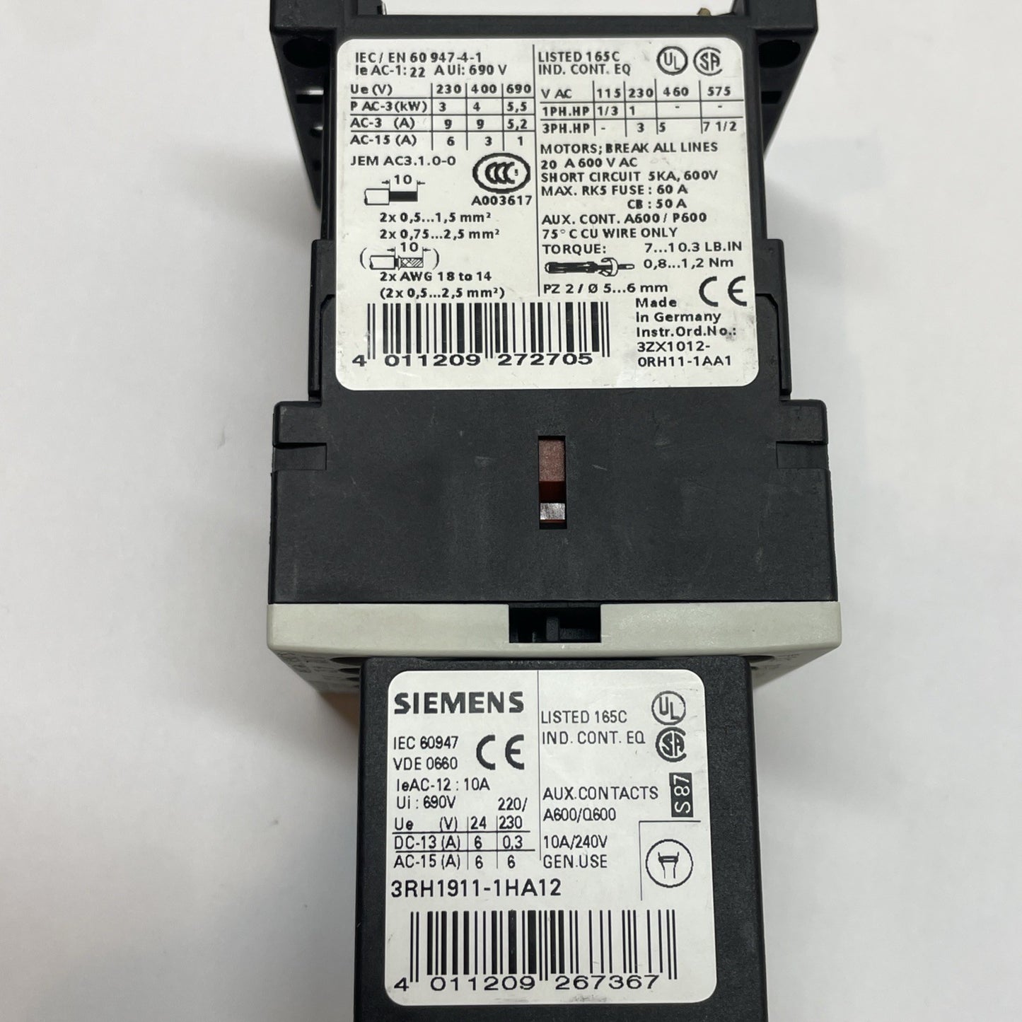 SIEMENS 3RT1016-1BB41 CONTACTOR w/ 3RH1911-1HA12