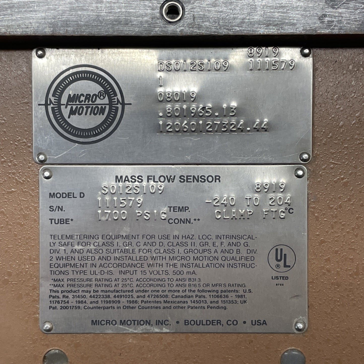 Micro Motion DS012S109 Mass Flow Meter Sensor S012S109 1700 psi