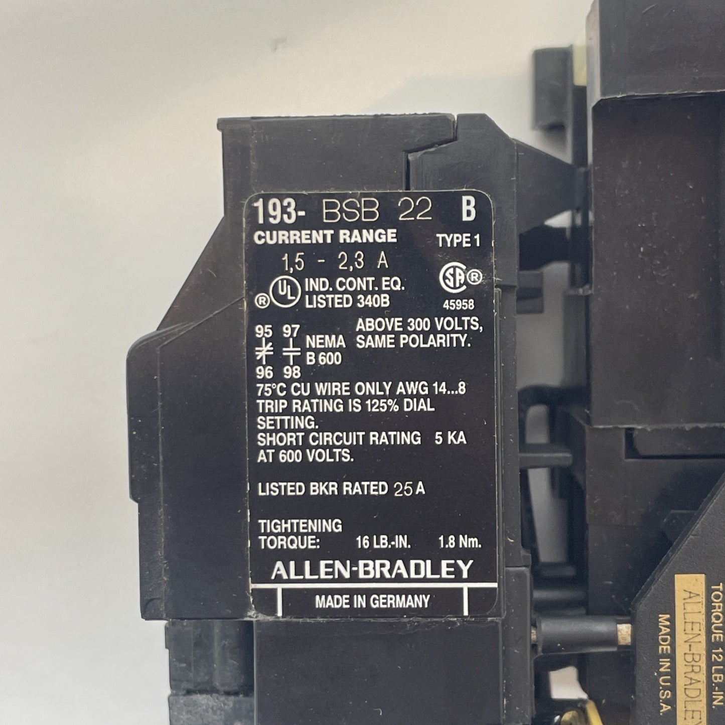 ALLEN BRADLEY 100-A09ND3 SER. B Contactor with 193-BSB 22 Overload Relay