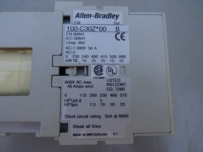 ALLEN BRADLEY 100-C30Z*00 CONTACTOR 30AMP / 3POLE / 600VAC / 24VDC / SER A OR B