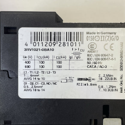 Siemens 3RV1021-0BA10 Manual Motor Starter Protector Circuit Breaker 0.2A