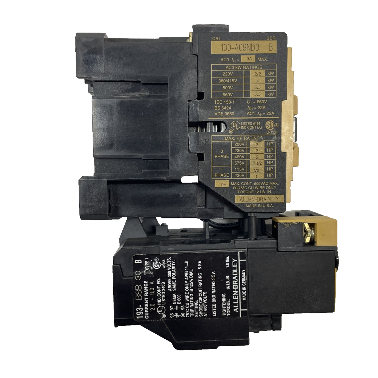 ALLEN BRADLEY 100-A09ND3 SER. B Contactor with 193-BSB 30 Overload Relay