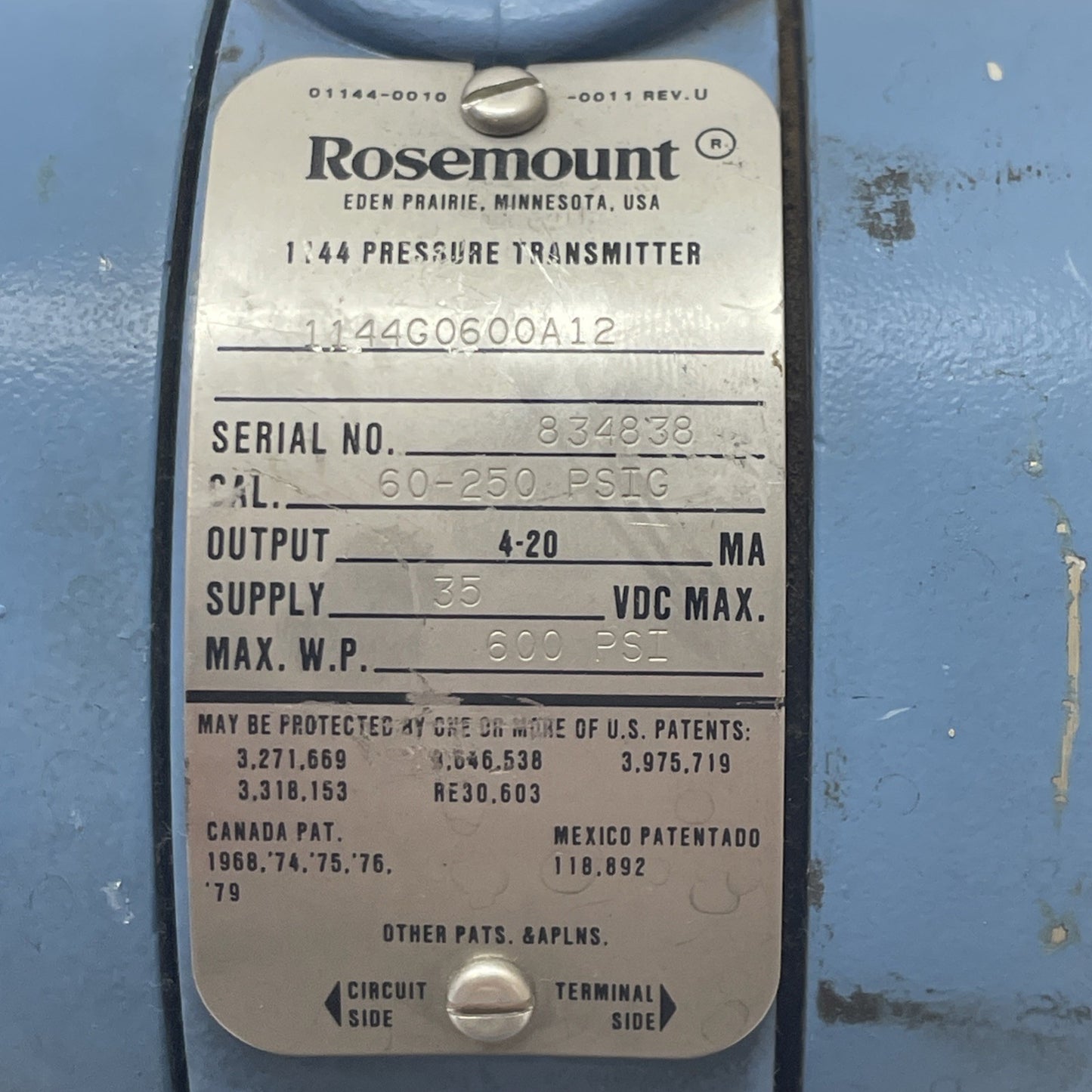 Rosemount 1144G0600A12 Pressure Transmitter 0-600 PSI 4-20 mA