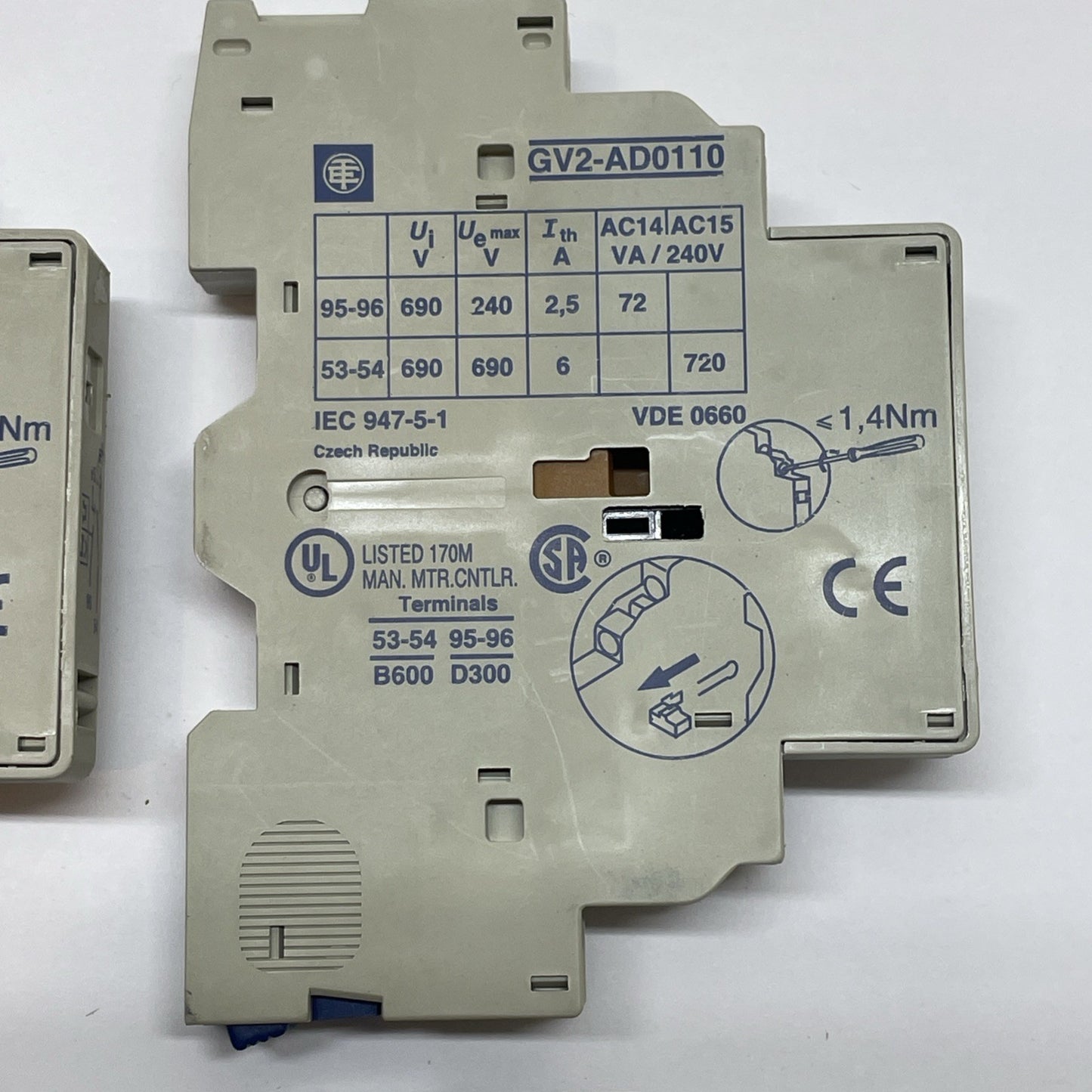 Telemecanique GV2-AD0110 Auxiliary Contact, Side Mount, N/C and N/O