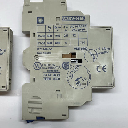 Telemecanique GV2-AD0110 Auxiliary Contact, Side Mount, N/C and N/O